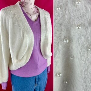 White Fuzzy Pearl Embellished Cardigan Sweater‎ ELLE XL Coquette Holiday Bridal